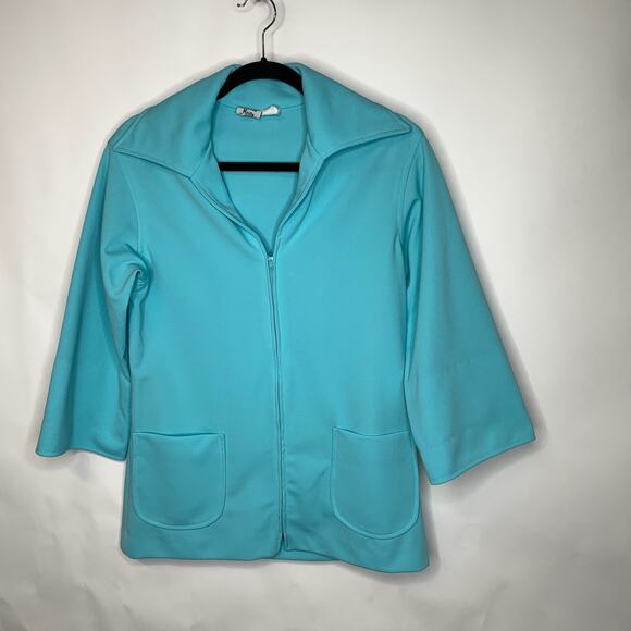 Koko Knits Vintage 70s Aqua Polyester Blazer Zip Closure Sz Medium - Picture 5 of 8